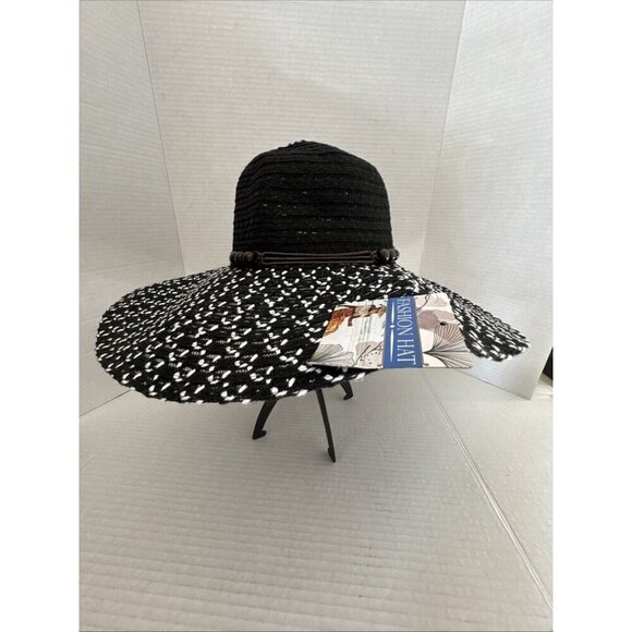 Fashion Hat Wide Brim Woven Sun Hat Beaded String Band NWT Black - Picture 12 of 15